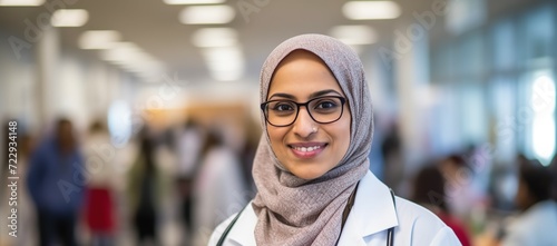 Portrait of female muslim doctor standing, wearing hijab. photo