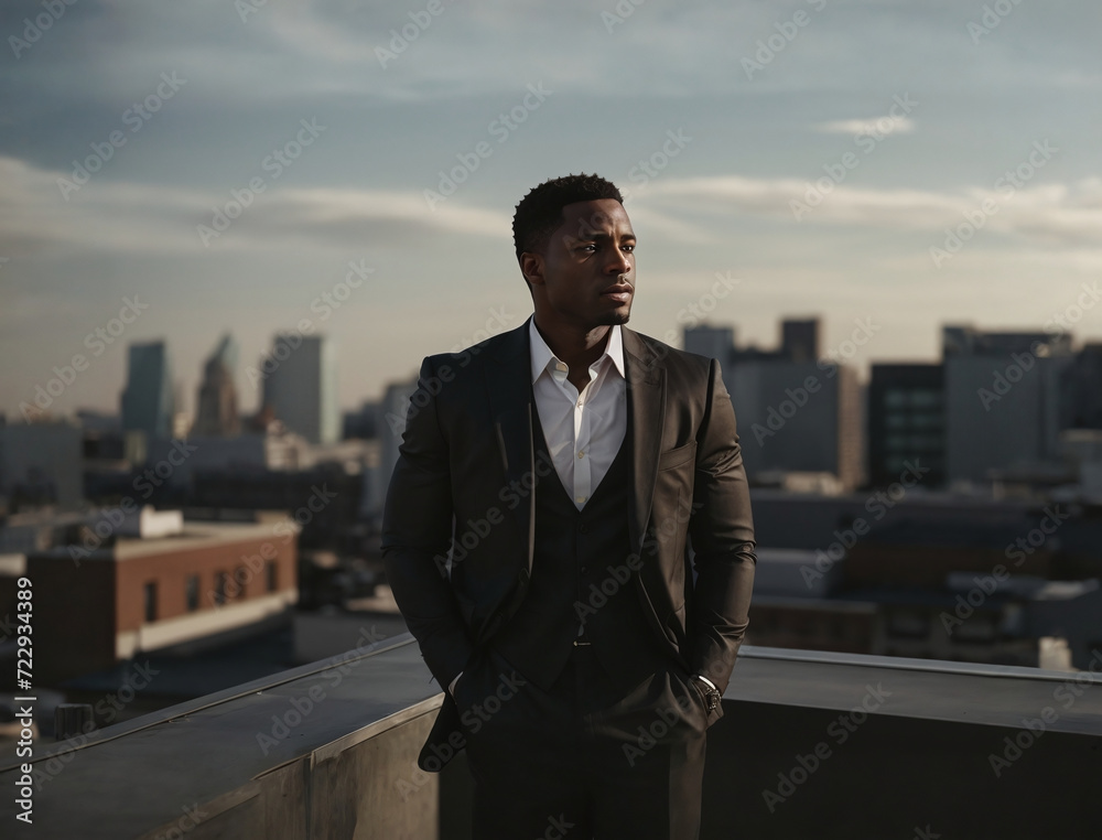 An african man dressed in suit standing at the roof of a building.	