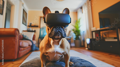 Cinematic photograph of french bulldog wearing a vr headset.