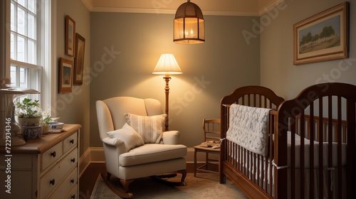 Traditional American Colonial nursery with heirloom cradle