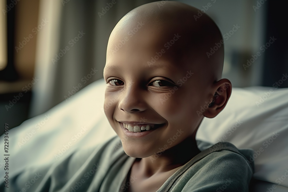 Smile hispanic boy with cancer in hospital bed. Smile hispanic boy with cancer in hospital bed.
