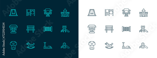 Set line Sand castle, Horse in saddle swing, Education logic game, Bumper car, Bench, Swing, for kids and Playground climbing equipment icon. Vector