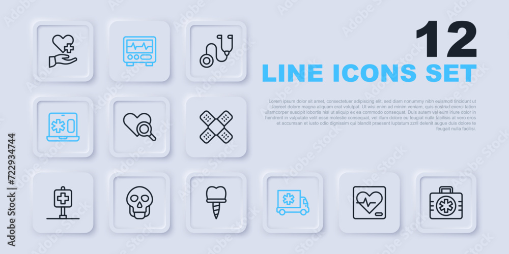Set line Heart rate, First aid kit, Medical heart inspection, Ambulance car, Clinical record laptop, Skull, Monitor with cardiogram and Dental implant icon. Vector Set line Heart rate, First aid kit, Medical heart inspection, Ambulance car, Clinical record laptop, Skull, Monitor with cardiogram and Dental implant icon. Vector