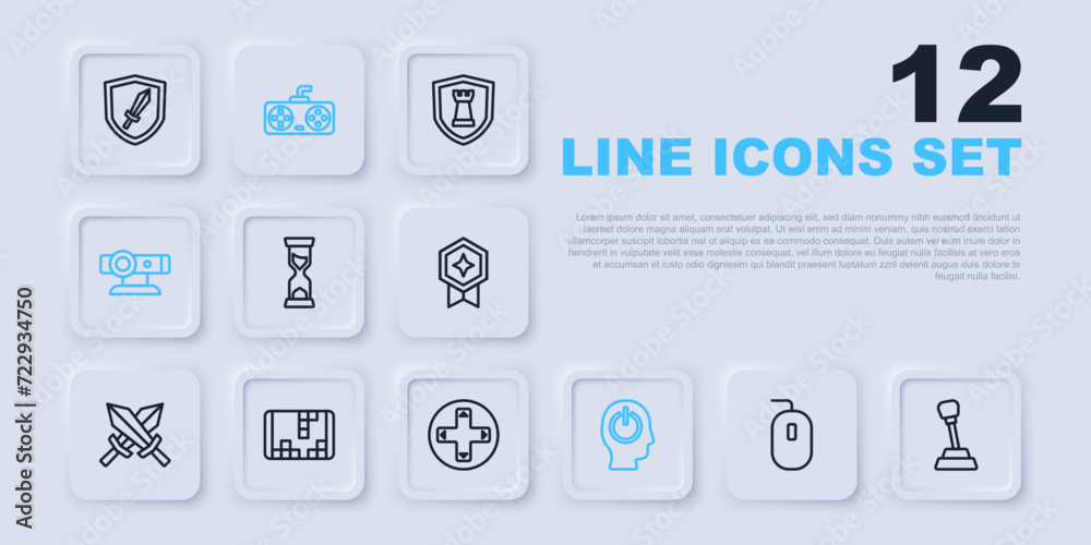 Set line Computer mouse, Gear shifter, Old hourglass, Power button, Web camera, Portable video game console, Game controller joystick and icon. Vector Set line Computer mouse, Gear shifter, Old hourglass, Power button, Web camera, Portable video game console, Game controller joystick and icon. Vector