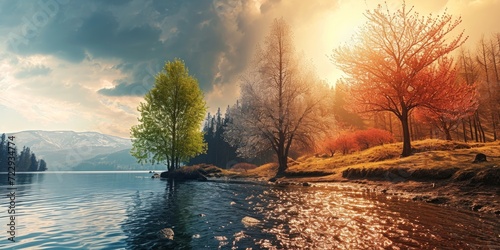 split comparison view of different summer vs winter seasons, aging or timeline of environmental climate change concepts as wide banner - Generative AI photo