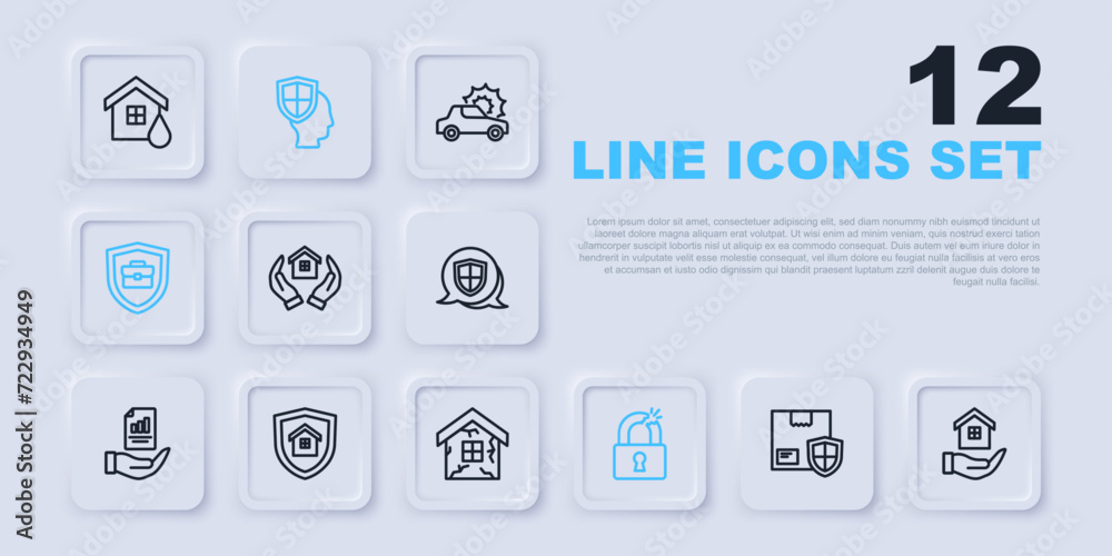 Set line Delivery security with shield, House in hand, Broken or cracked lock, Briefcase, Life insurance and icon. Vector Set line Delivery security with shield, House in hand, Broken or cracked lock, Briefcase, Life insurance and icon. Vector