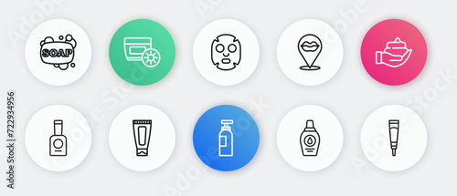 Set line Bottle of shampoo, Shaving foam on hand, nail polish, Smiling lips, Facial cosmetic mask, Cream or lotion tube and icon. Vector