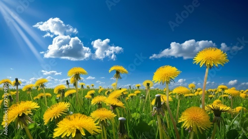 Field of yellow dandelions under blue sky and white clouds
