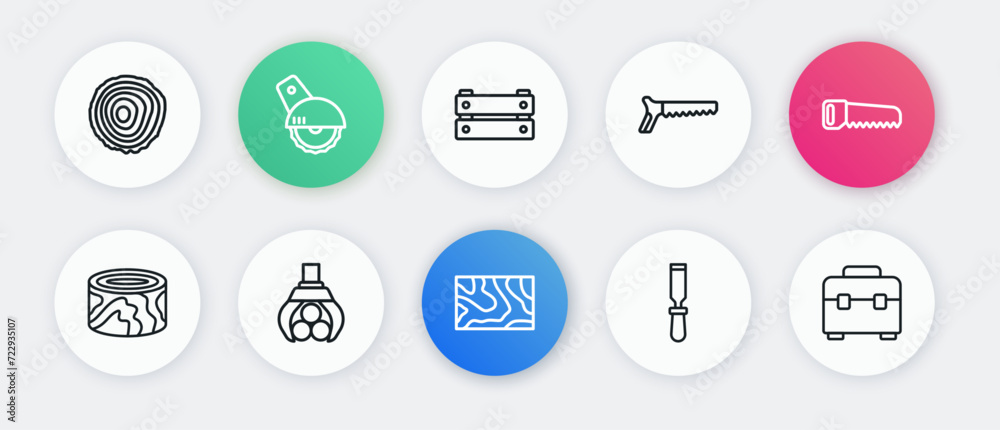 Set line Wooden beam, Hand saw, logs, Chisel tool, box, Toolbox and Grapple crane grabbed icon. Vector Set line Wooden beam, Hand saw, logs, Chisel tool, box, Toolbox and Grapple crane grabbed icon. Vector