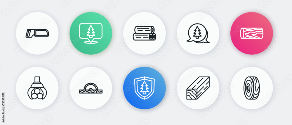 Set line Shield with tree, Wooden log, Grapple crane grabbed a, beam, Tree, rings and Electric circular saw icon. Vector Set line Shield with tree, Wooden log, Grapple crane grabbed a, beam, Tree, rings and Electric circular saw icon. Vector