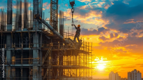 Construction worker standing on scaffolding at sunset