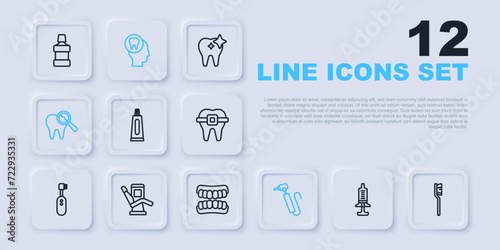 Set line Syringe, Toothbrush, Tube of toothpaste, drill, Broken, Medical dental chair, Toothache and Dentures model icon. Vector