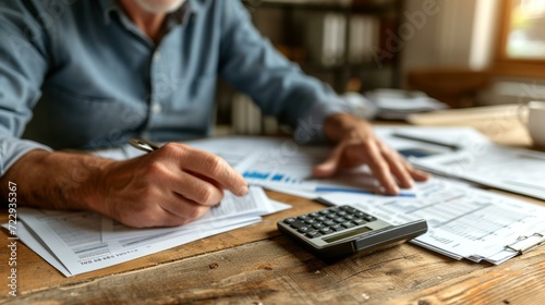 A man is calculating his finances using a calculator and a pen. photo