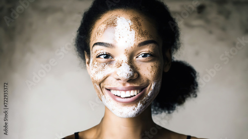 Smile young afro woman with skin problem, vitiligo skin. photo