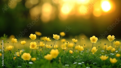 Yellow buttercup flowers in a green field with a blurry background of trees and the sun