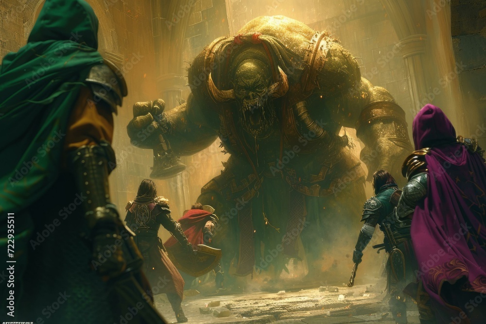 A group of adventurers fighting a giant monster in a dungeon