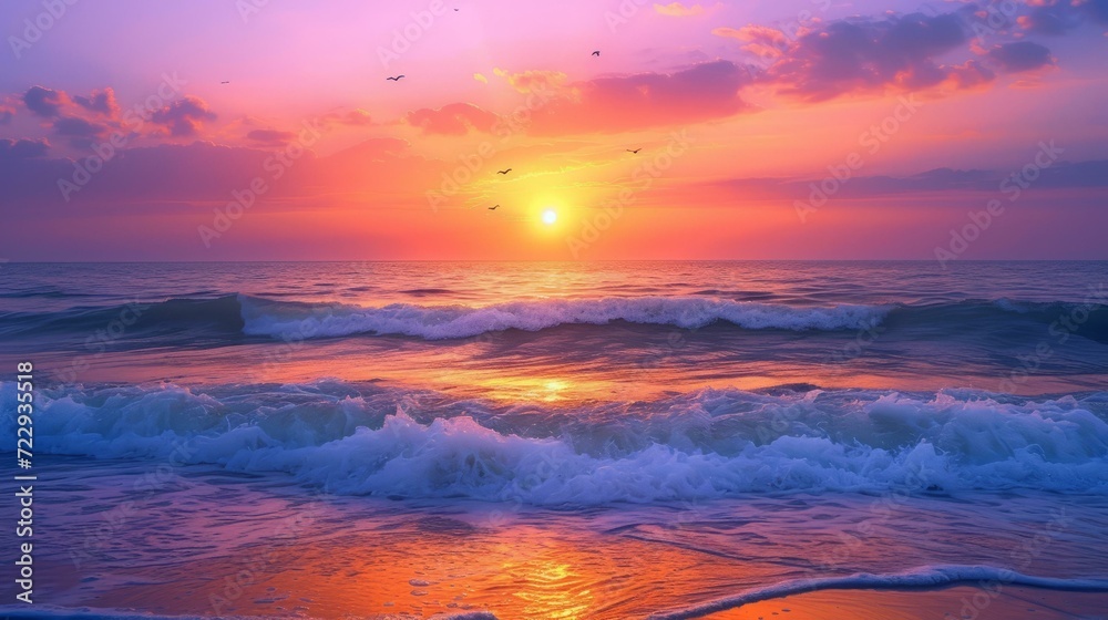 Beautiful sunset over the ocean with pink, purple, and blue sky