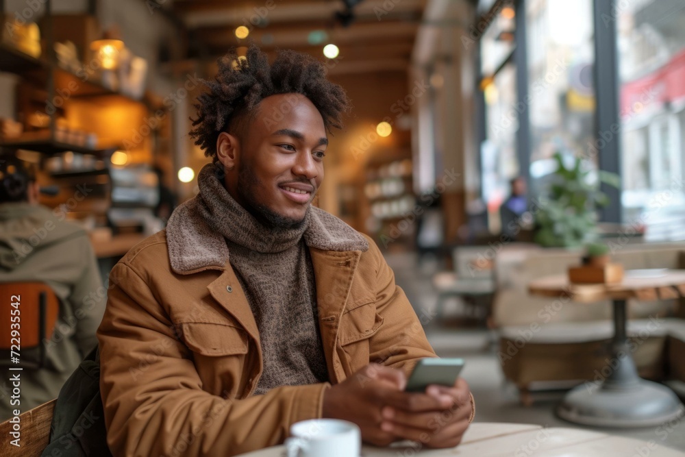 Smiling African American man using smartphone in cafe