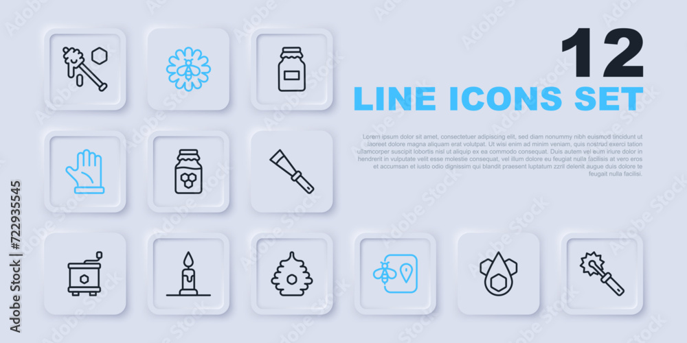 Set line Honeycomb, Cutter roll for honey, Jar of, Bee location, Beekeeper glove, Burning candle, flower and Hive bees icon. Vector Set line Honeycomb, Cutter roll for honey, Jar of, Bee location, Beekeeper glove, Burning candle, flower and Hive bees icon. Vector