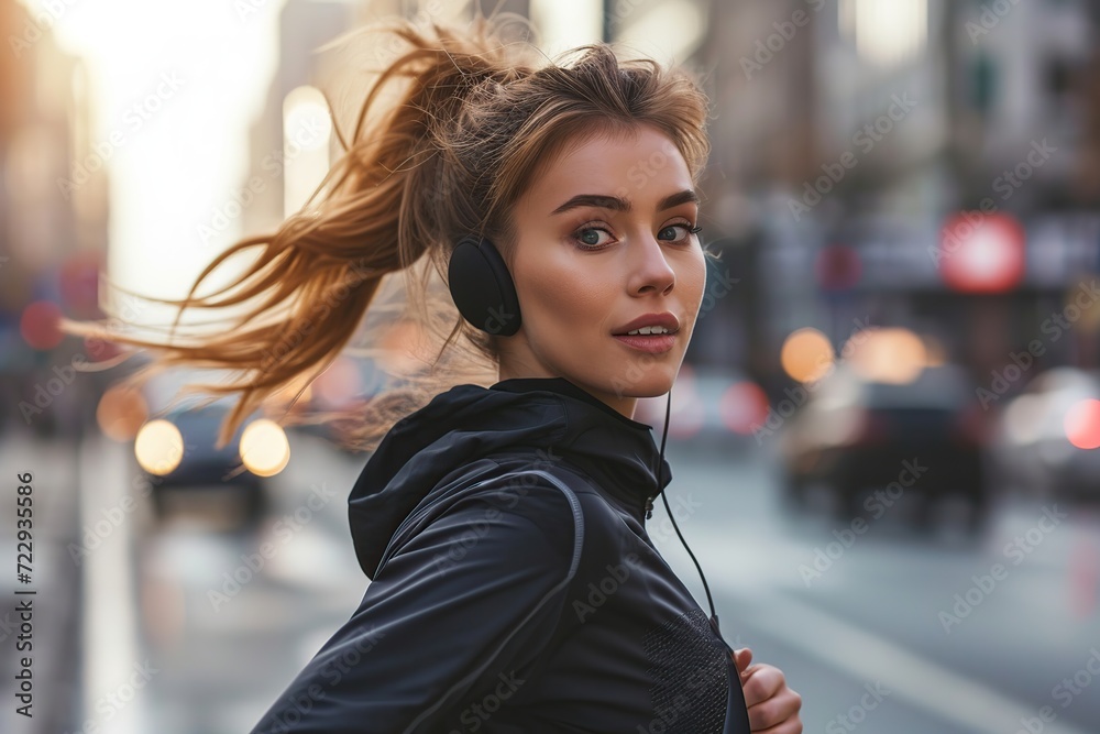 Fototapeta premium Handsome sportswoman running at the street