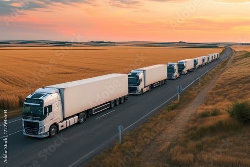 A line of trucks drive through a rural area with a field of wheat in the foreground and a sunset in the background