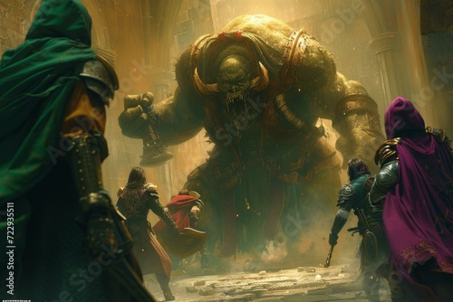 A group of adventurers fighting a giant monster in a dungeon