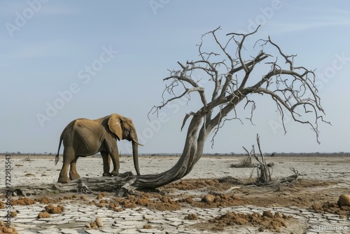 Elephant in the middle of dry lake bed next to dead tree