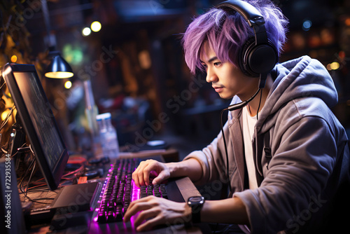 Happy young Asian teen boy gamer streamer playing online games in front of computer monitor