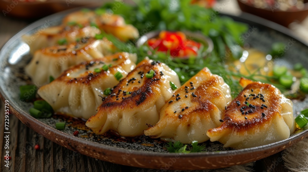 Dumplings Gyoza on a plate well decorated product photo Dumplings Gyoza on a plate well decorated product photo