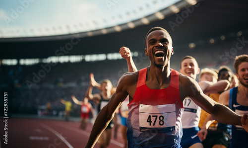 A male track and field athlete celebrating winning a sprint race at a sports event