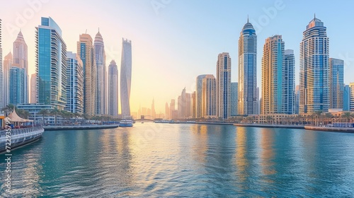 Dubai Marina at sunrise, a waterfront district in Dubai, United Arab Emirates © Adobe Contributor