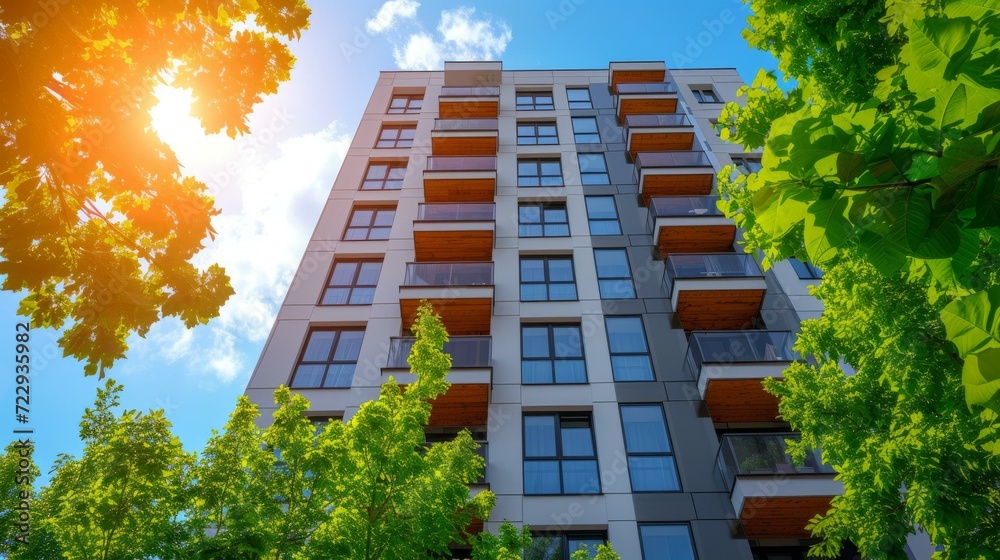 An apartment building surrounded by lush green trees with the sun shining brightly in the background An apartment building surrounded by lush green trees with the sun shining brightly in the background