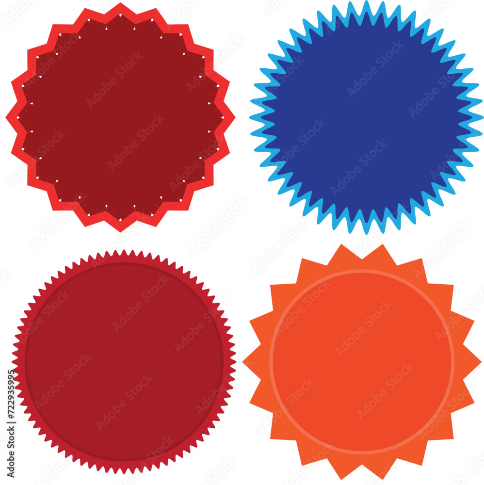 Set of vector starburst, sunburst badges. Nine different color. Simple flat style Vintage labels. Design elements. Colored stickers. A collection of different types and colors icon. Set of vector starburst, sunburst badges. Nine different color. Simple flat style Vintage labels. Design elements. Colored stickers. A collection of different types and colors icon.
