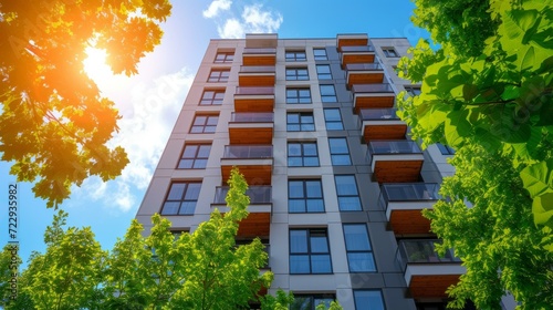 An apartment building surrounded by lush green trees with the sun shining brightly in the background