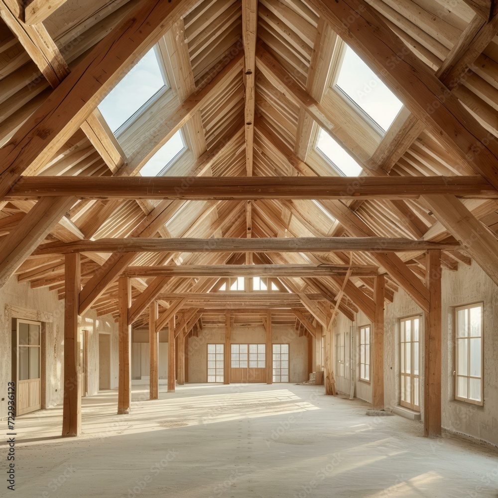 Renovated attic space with wooden beams