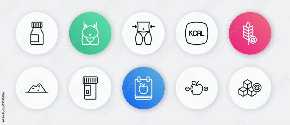 Set line Diet plan, Gluten free grain, Salt, Calorie calculator, Kcal, Women waist, No sugar and Vitamins icon. Vector Set line Diet plan, Gluten free grain, Salt, Calorie calculator, Kcal, Women waist, No sugar and Vitamins icon. Vector