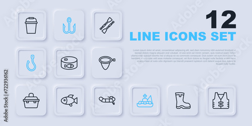 Set line Fishing boots, jacket, Canned fish, Fisherman boat, hook, and Inflatable with motor icon. Vector