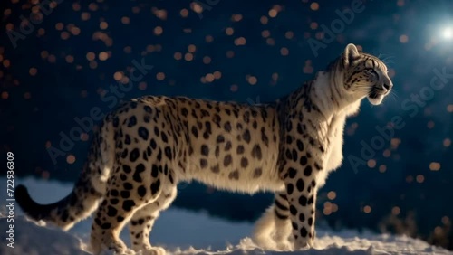 Snow Leopard Standing in Snow at Night. Generative AI.