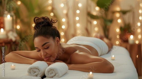 Relaxing massage for young African American woman in spa photo