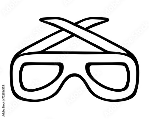 Sports sunglasses. Elongated accessory. The temples of the glasses are crossed. Sketch. Vector illustration. Spectacles for outdoor activities. Outline on isolated background. Doodle style. 