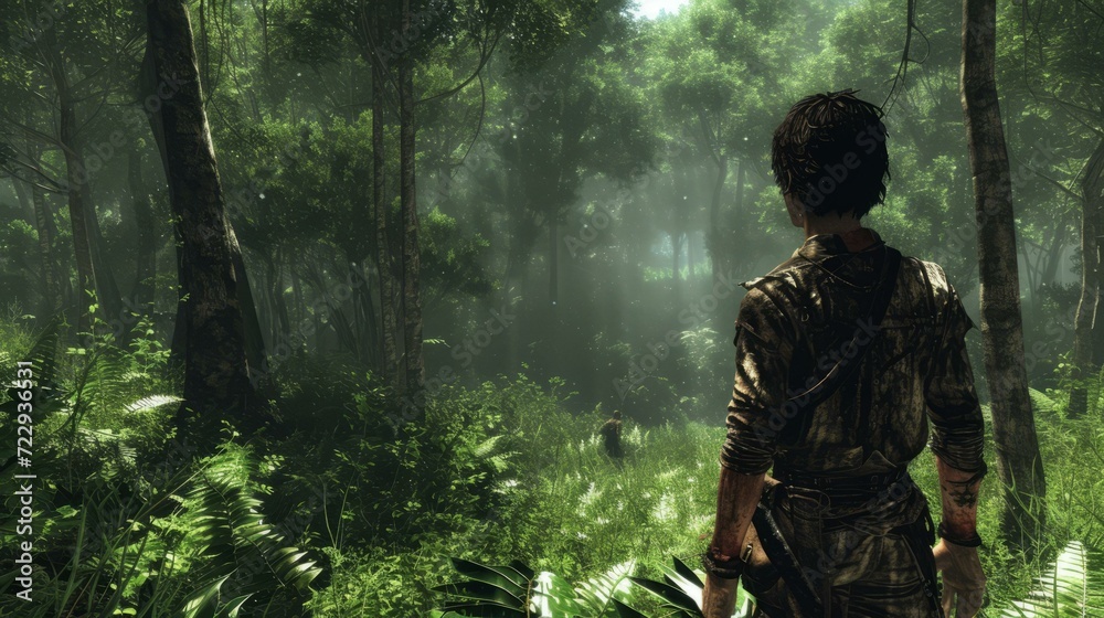 A man with a gun walking through a dense jungle