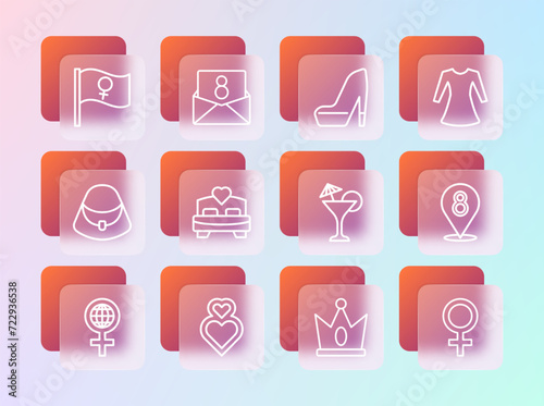 Set line Woman dress, Heart, Martini glass, King crown, Bedroom, shoe, Feminist activist and Envelope with 8 March icon. Vector