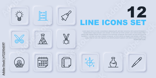 Set line Test tube, Pencil with eraser, Trigonometric circle, Scissors, School timetable, Abacus and File document icon. Vector