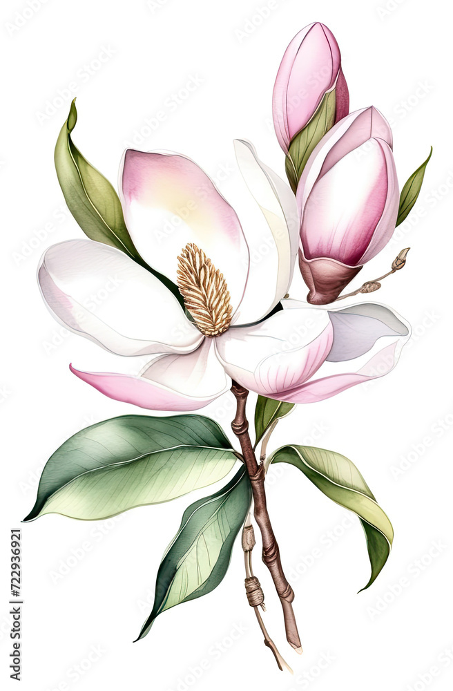 Magnolia branch on white background, Botanical herbal watercolor illustration for wedding or greeting card, Wallpaper, wrapping paper design, textile, scrapbooking
