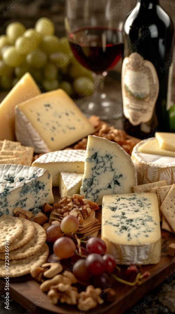 An assortment of cheese, grapes, nuts, and crackers on a wooden board