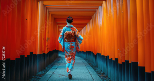 a woman in an japanese costume is walking in an orange tunnel