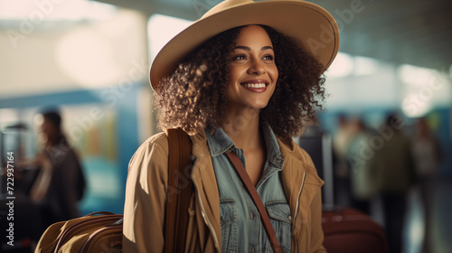 woman at the airport to travel on vacation during a tourism holiday with a traveler lifestyle