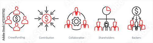 A set of 5 Crowdfunding icons as crowdfunding, contribution, collaborative