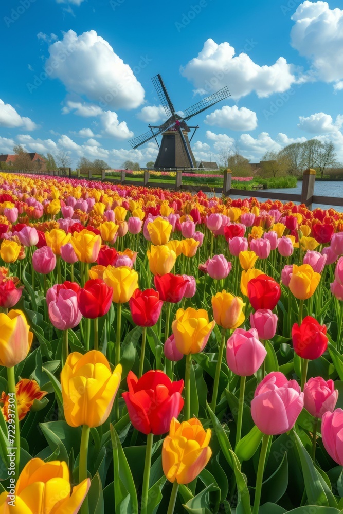 Vibrant Multicolor Tulip Flowers Field with Traditional Dutch Windmill