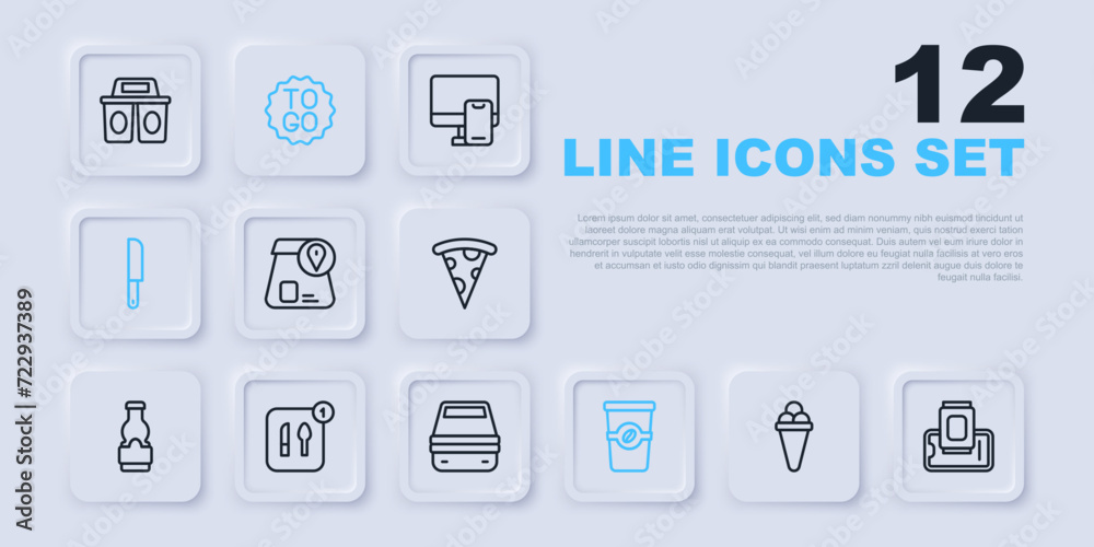 Set line Ice cream in waffle, Food ordering on mobile, Online food, Coffee cup to go, Knife, and Lunch box icon. Vector Set line Ice cream in waffle, Food ordering on mobile, Online food, Coffee cup to go, Knife, and Lunch box icon. Vector
